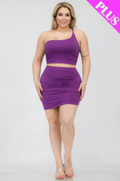 Plus Size One Shoulder Ruched Crop Top & Mini Skirt Set