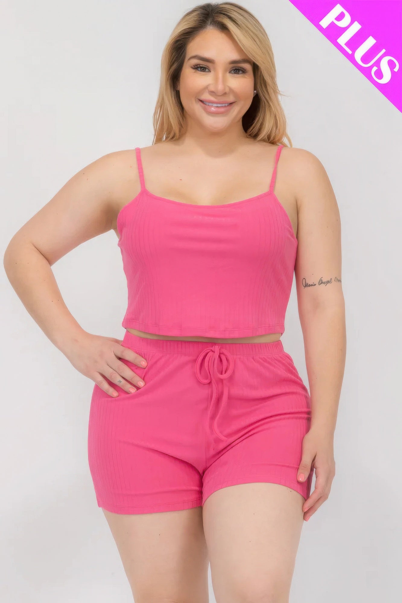 Plus Size Solid Ribbed Cami Top And Shorts Set