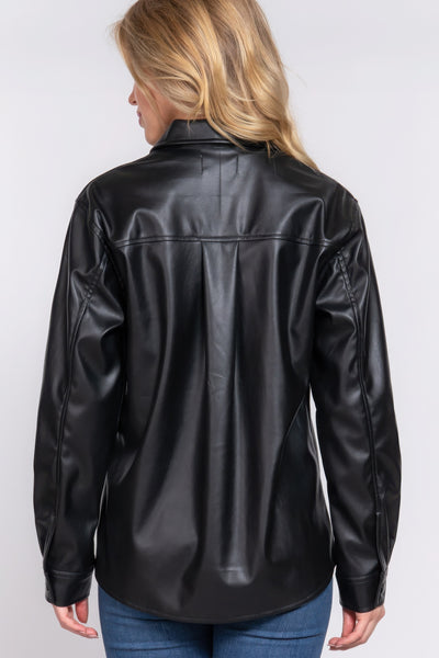 Long Slv Faux Leather Shacket