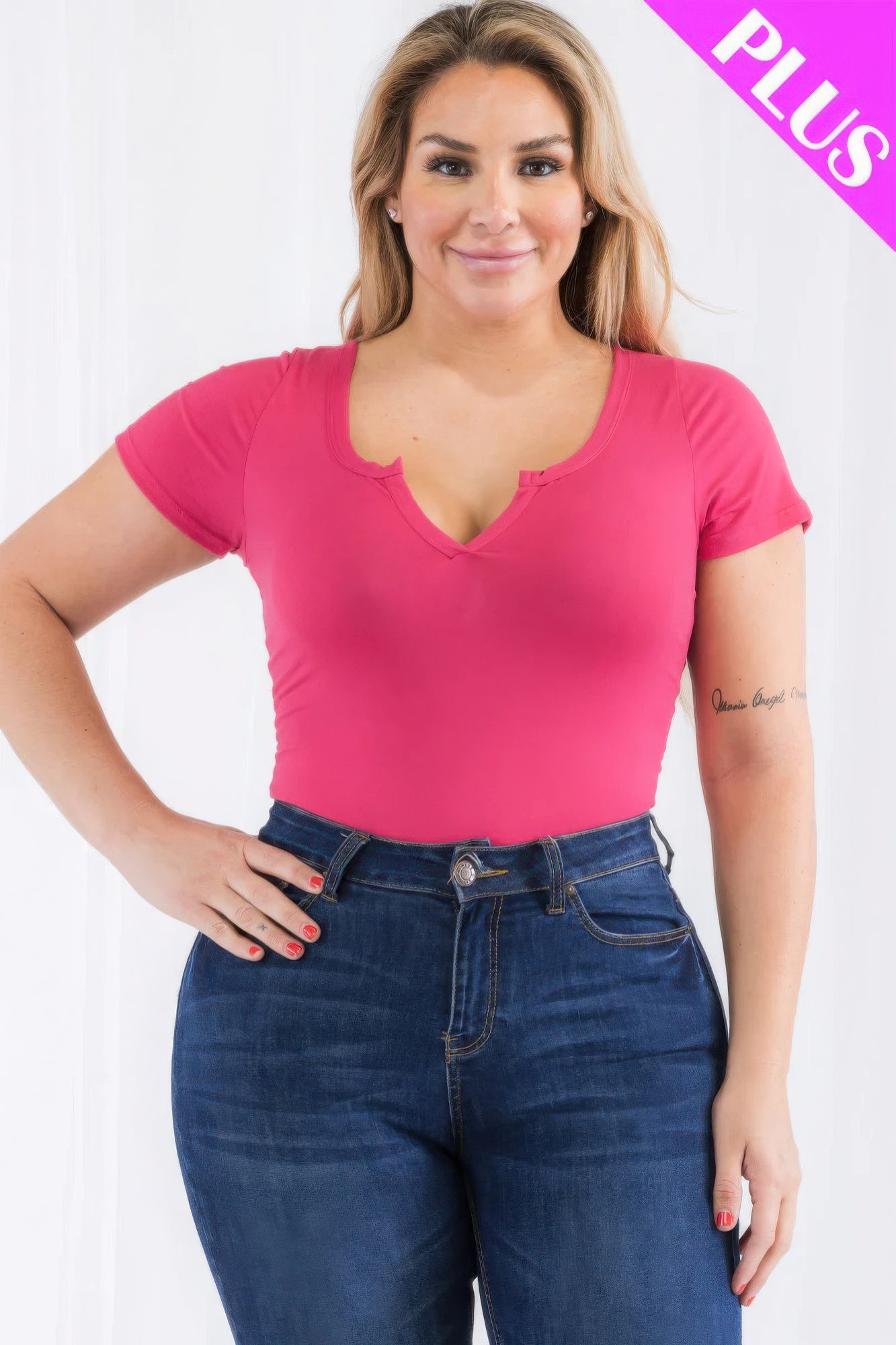 Plus Size Casual Split Neck Solid Short Sleeve Bodysuit