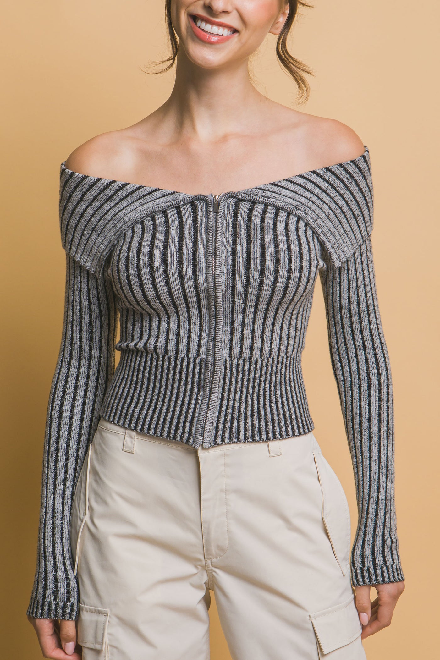 Ribbed bardot zip up long sleeve