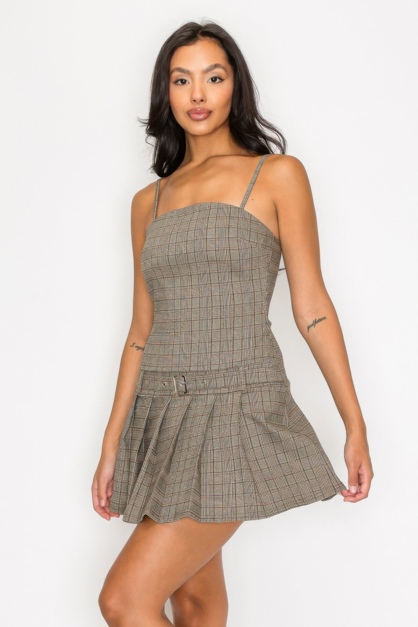 Belted Plaid Zip-up Pleated Dress