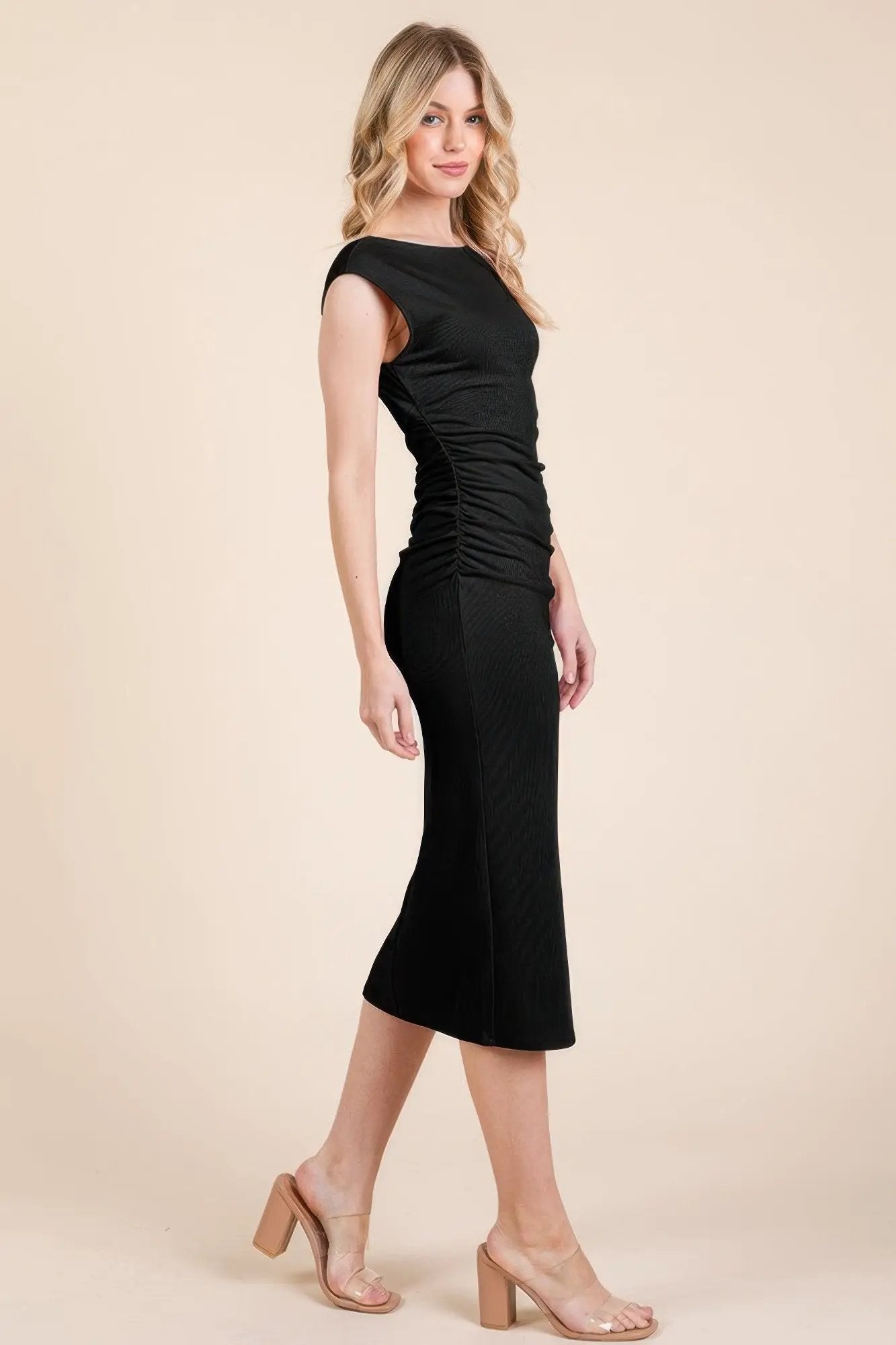 Cap Sleeve Boatneck Open Back Midi Dress
