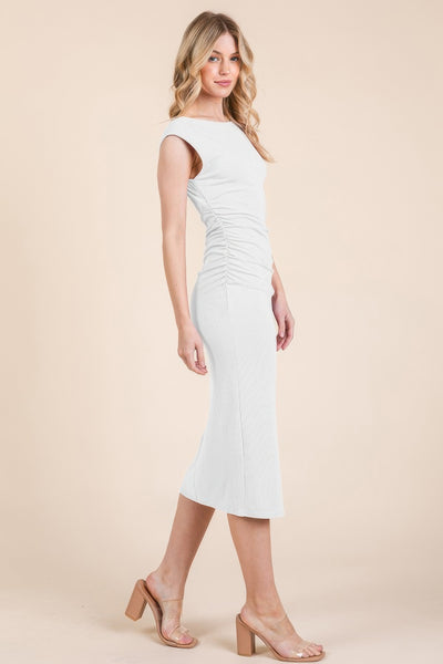 Cap Sleeve Boatneck Open Back Midi Dress