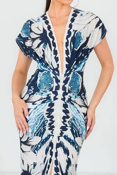 Printed Deep V-neck Pleats Midi Dress