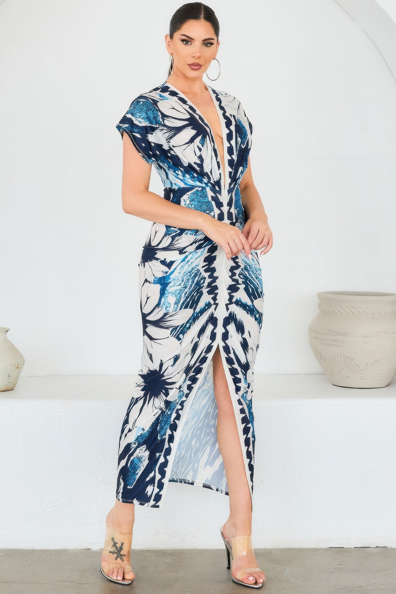 Printed Deep V-neck Pleats Midi Dress