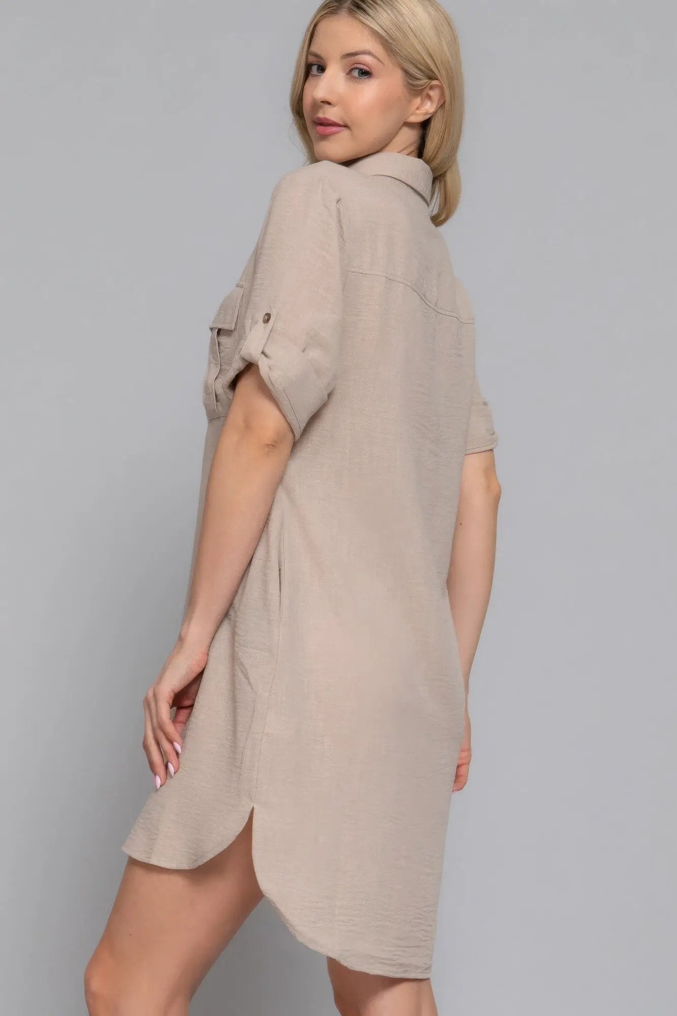 Roll Up Short Slv Straight Linen Effect Mini Dress