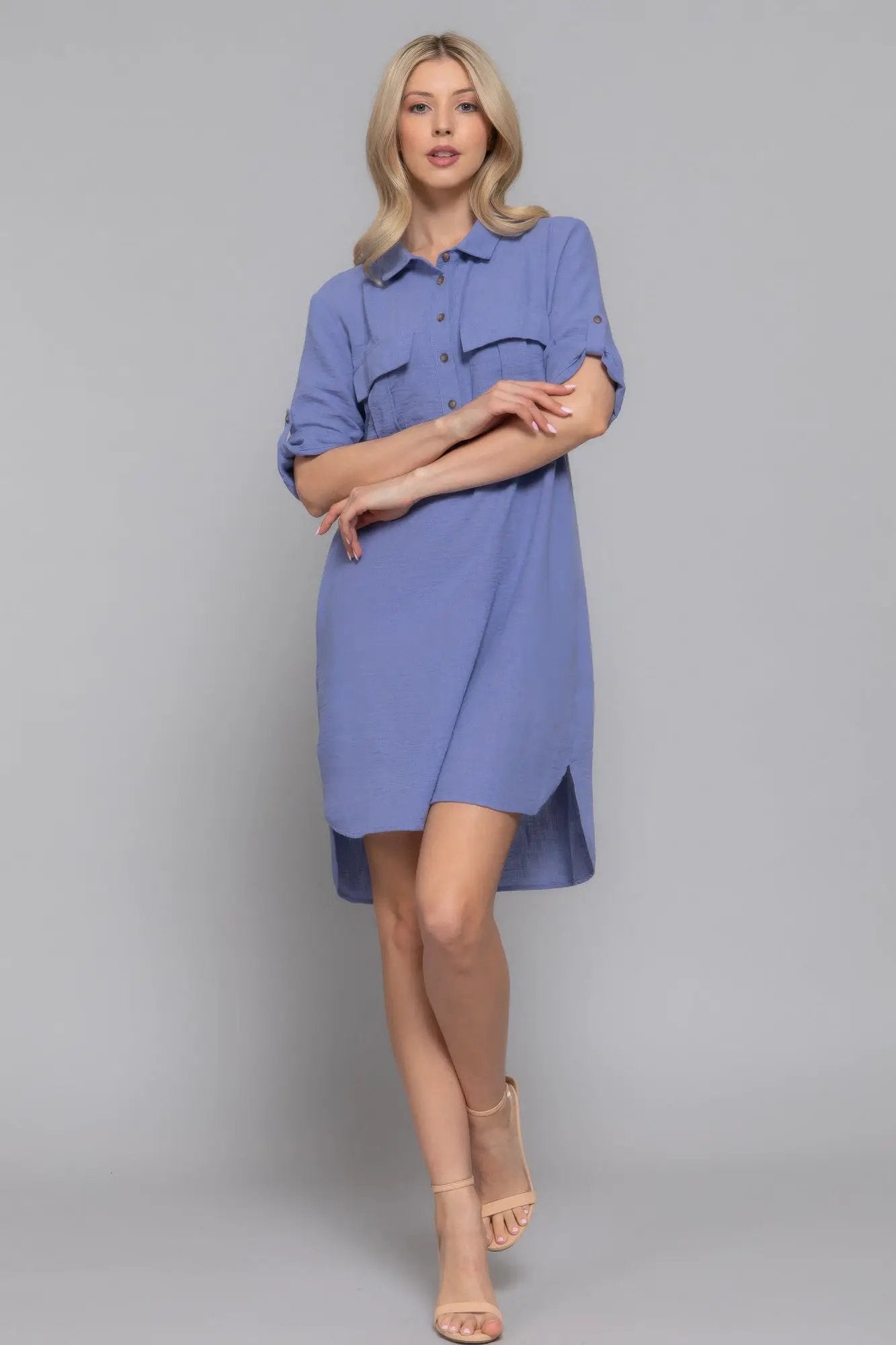 Roll Up Short Slv Straight Linen Effect Mini Dress