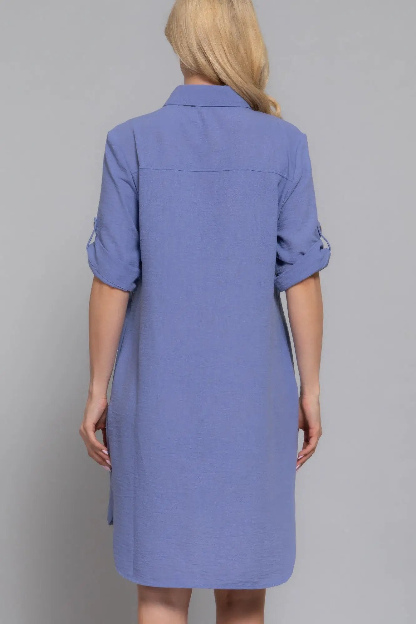 Roll Up Short Slv Straight Linen Effect Mini Dress