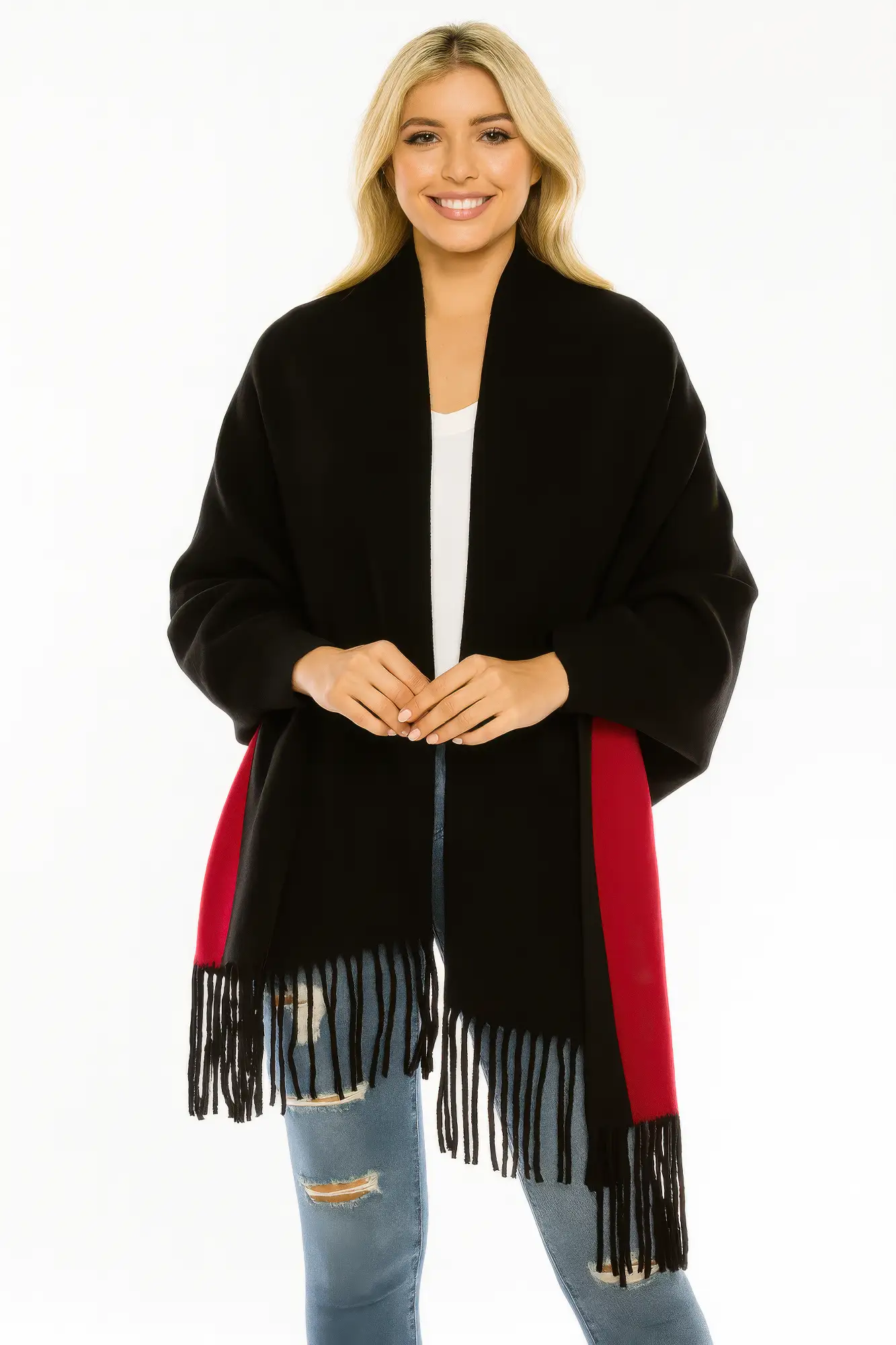 Colorblock Fringe-trimmed Open Wrap – AMIClubwear