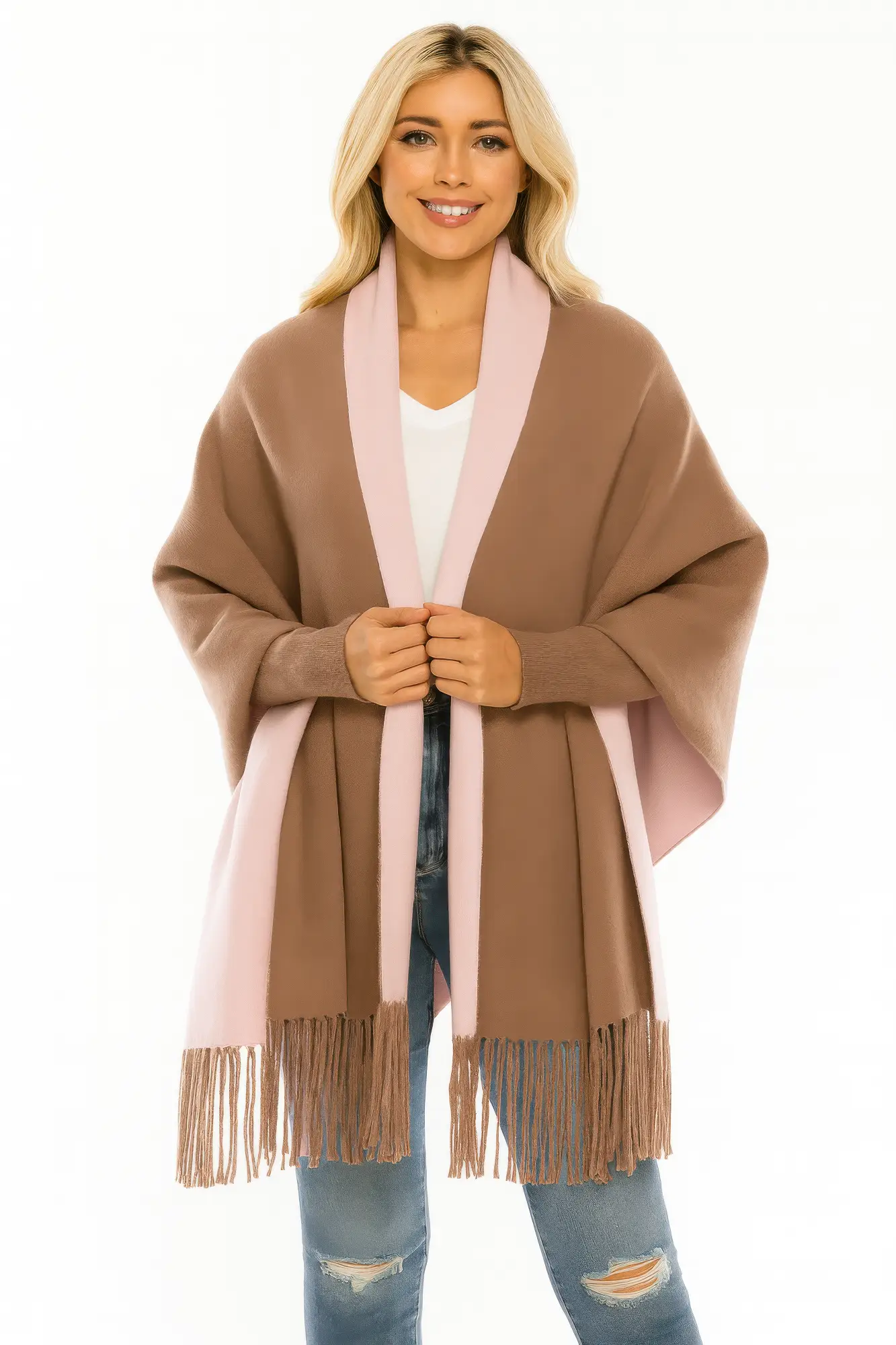Colorblock Fringe-trimmed Open Wrap – AMIClubwear