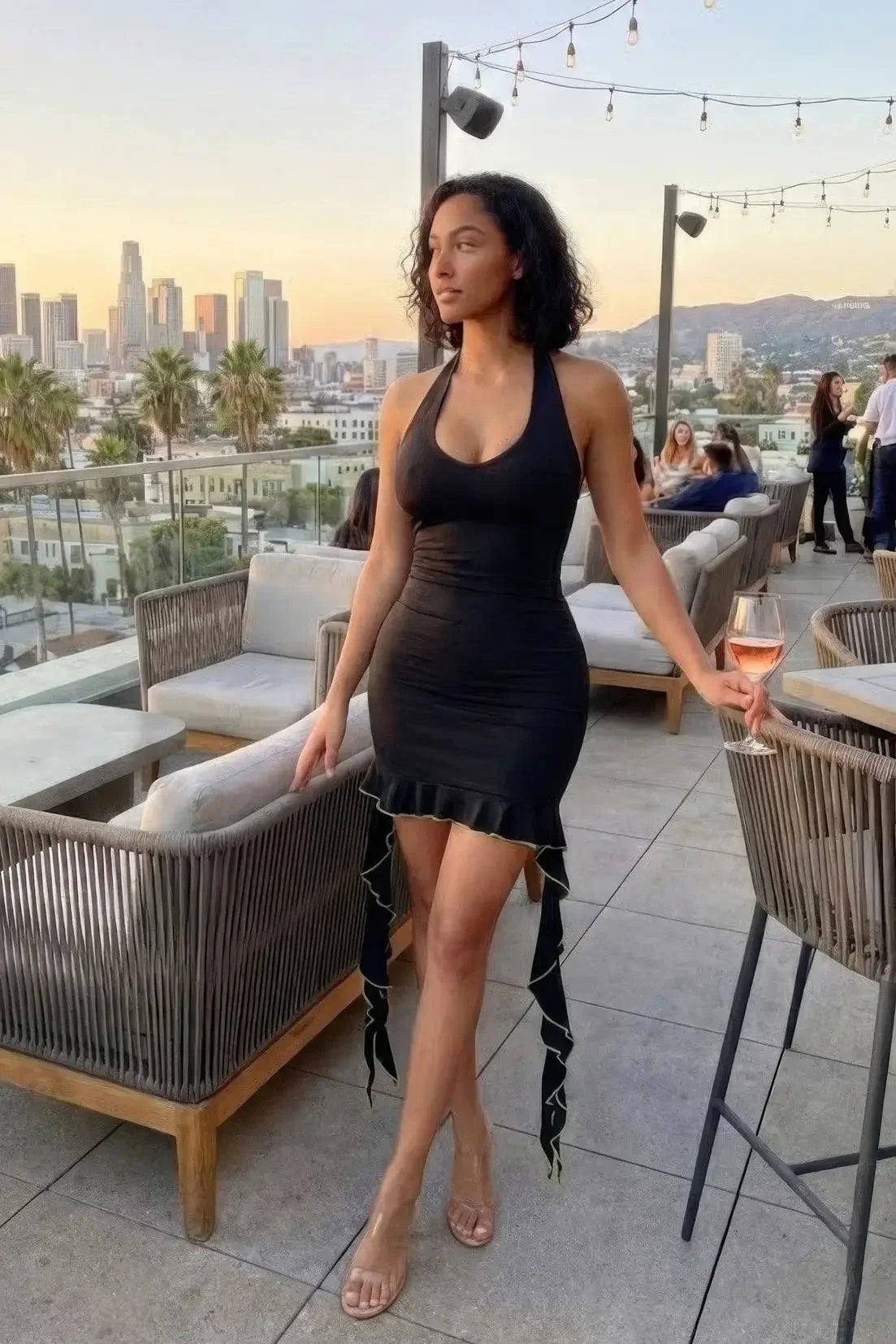 Solid Deep V Neck Mini Dress With Ruffle