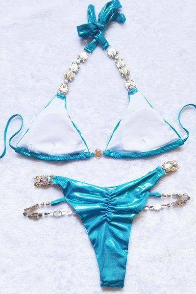 Blue Shiny Rhinestone Gem Halter Cheeky Ruched Back 2Pc Bikini Swimsuit - AMIClubwear