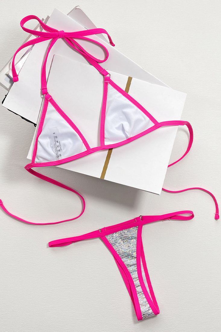 Silver Holographic Metallic Pink Trim Micro Bikini 2Pc Thong Swimsuit Set