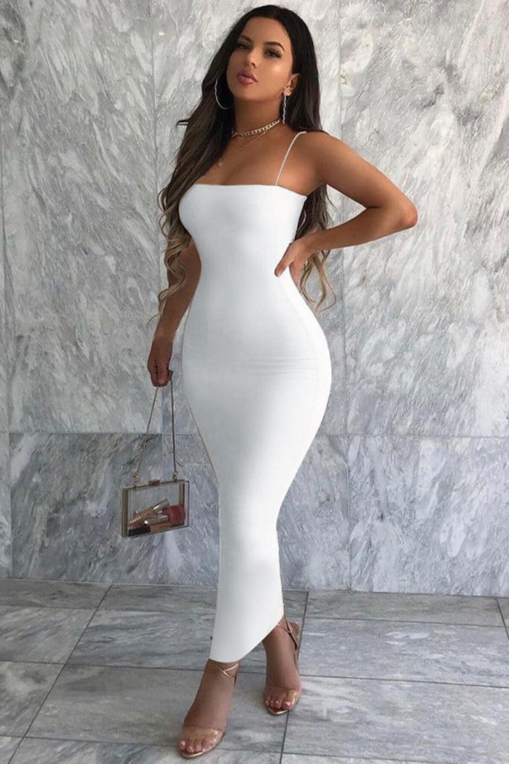 White Thin Straps Sexy Fitted Cotton Long Maxi Dress