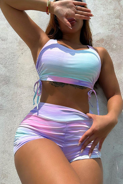 Pink Tie Dye Racer Back Draw String High Waist 2Pc Swimsuit Set Outfit - AMIClubwear