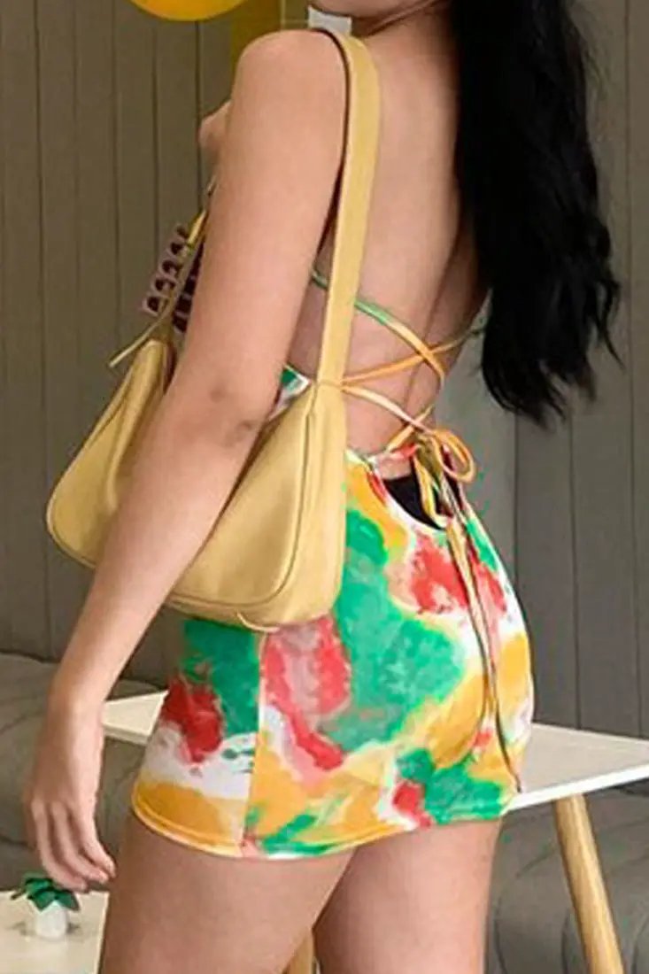 Multi Green Printed Strappy Open Back Sexy Fitted Mini Dress
