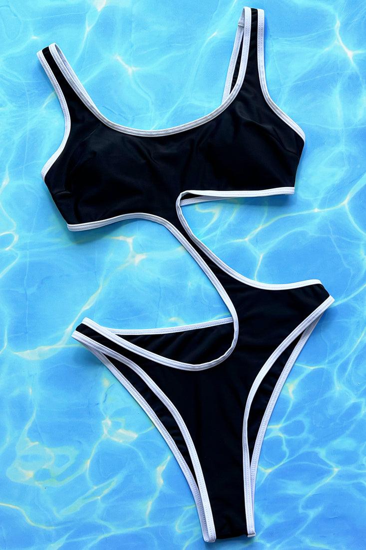 Black White Piping Cut-Out Asymmetrical Cheeky Sexy 1Pc Swimsuit Monokini