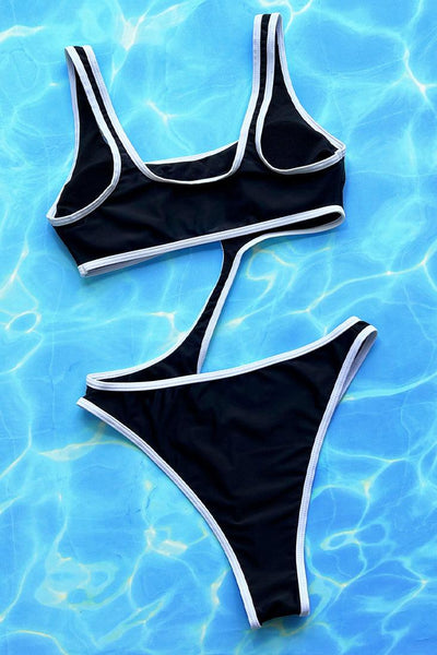 Black White Piping Cut-Out Asymmetrical Cheeky Sexy 1Pc Swimsuit Monokini