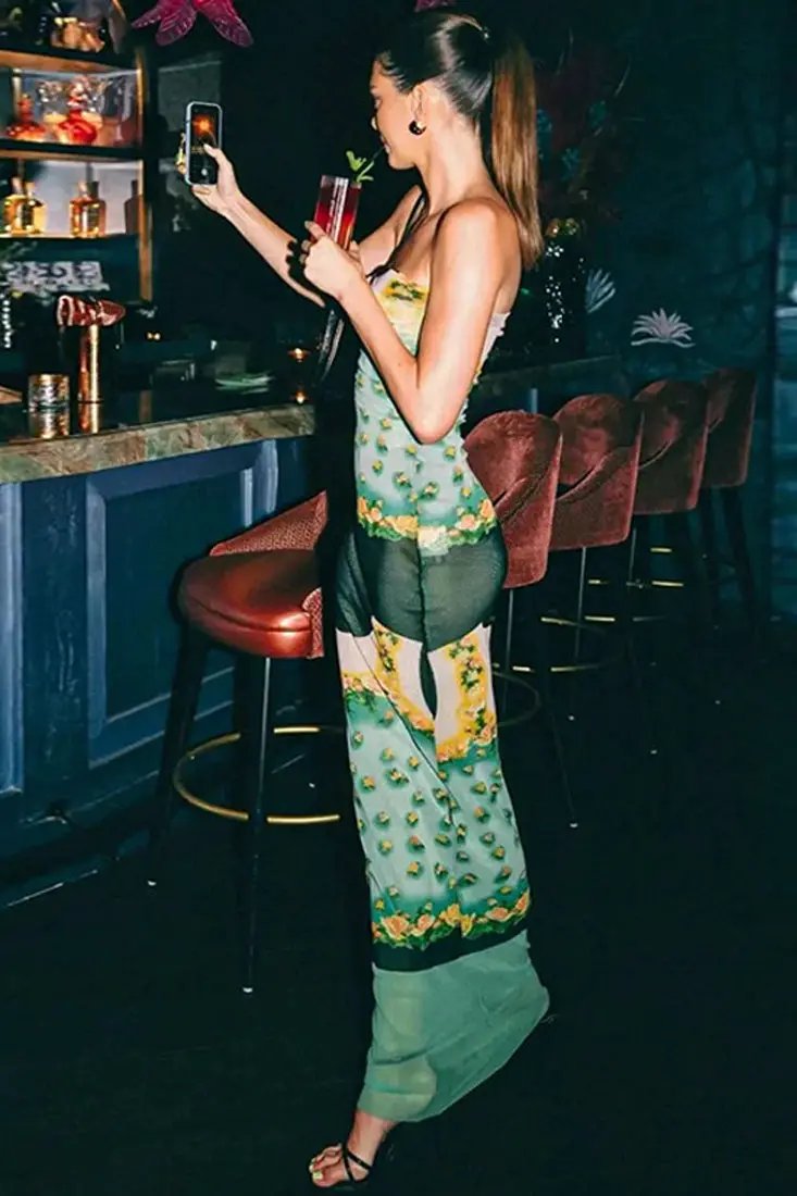 Green Mesh Flower Printed Sexy Fitted Stretchy Maxi Dress