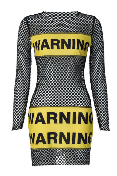 Black Netted Yellow Warning Tape Sexy Mini Dress