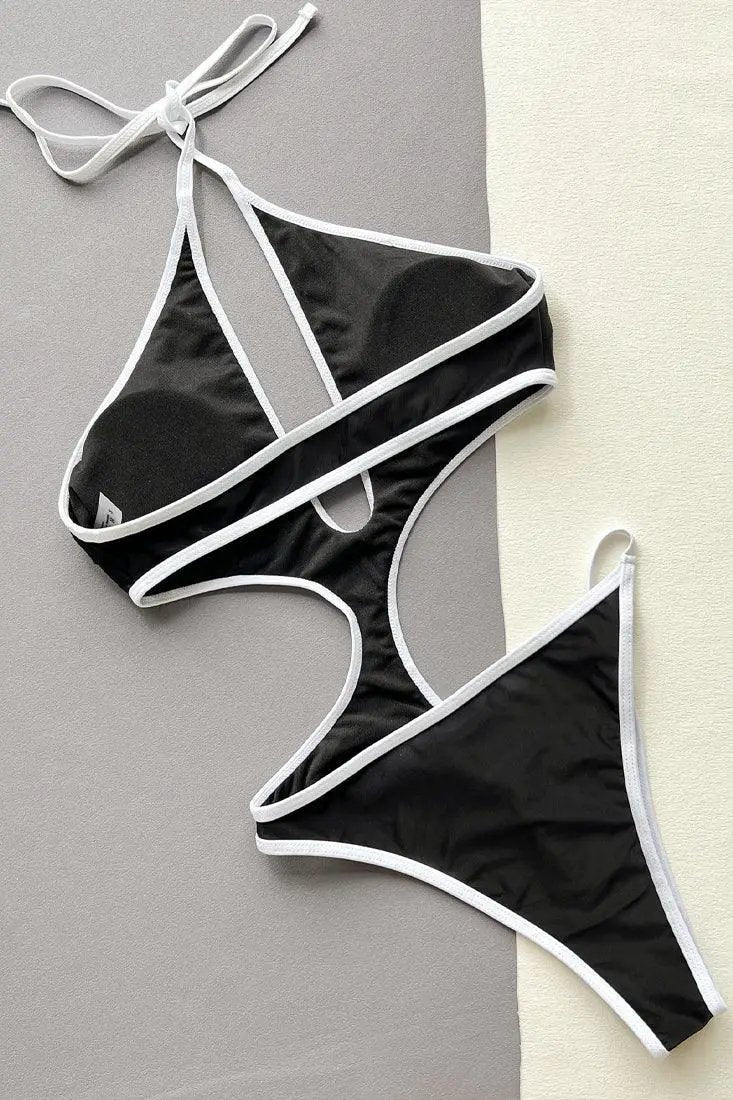 Black White Halter Cut-Out Asymmetrical Sexy Cheeky 1Pc Swimsuit Monokini