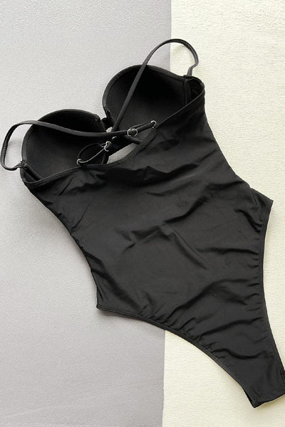 Black Padded Push-Up Cut-Out Designer Buckle 1Pc Swimsuit Monokini - AMIClubwear