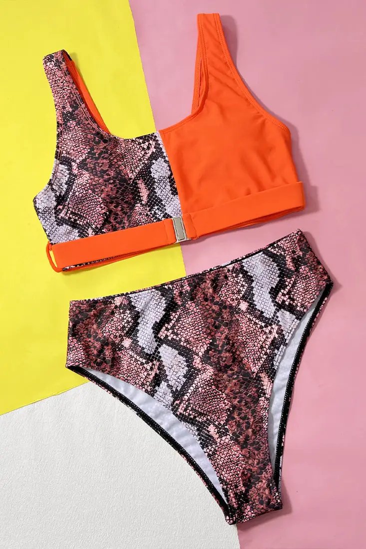 Orange Snake Print Belted High Waist Sexy 2Pc Swimsuit Set