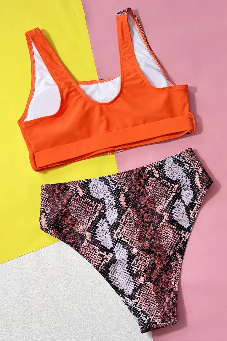 Orange Snake Print Belted High Waist Sexy 2Pc Swimsuit Set
