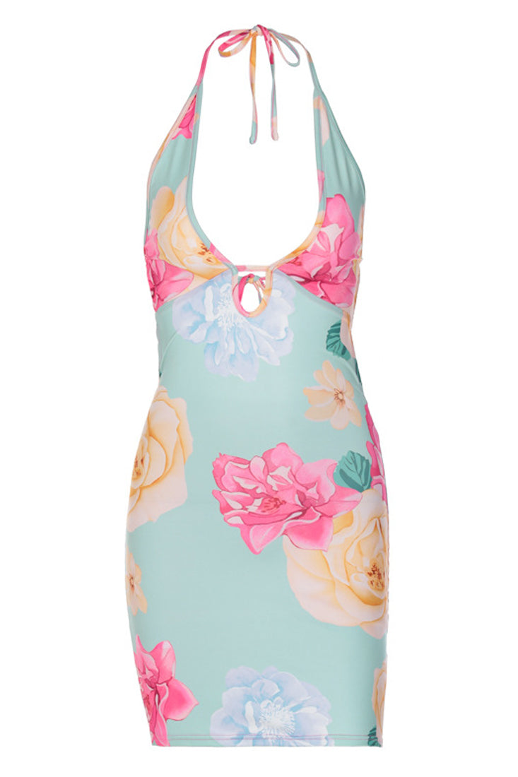 Light Pink Multi Floral Print Halter Plunging Sexy Fitted Dress ...