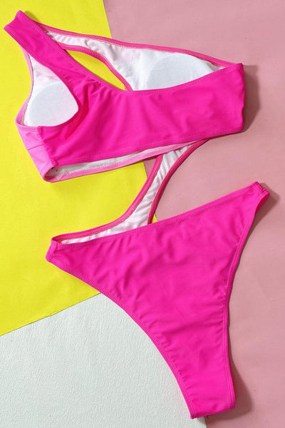 Pink Color Block One Shoulder Cut-Out Sexy 1Pc Swimsuit Monokini - AMIClubwear
