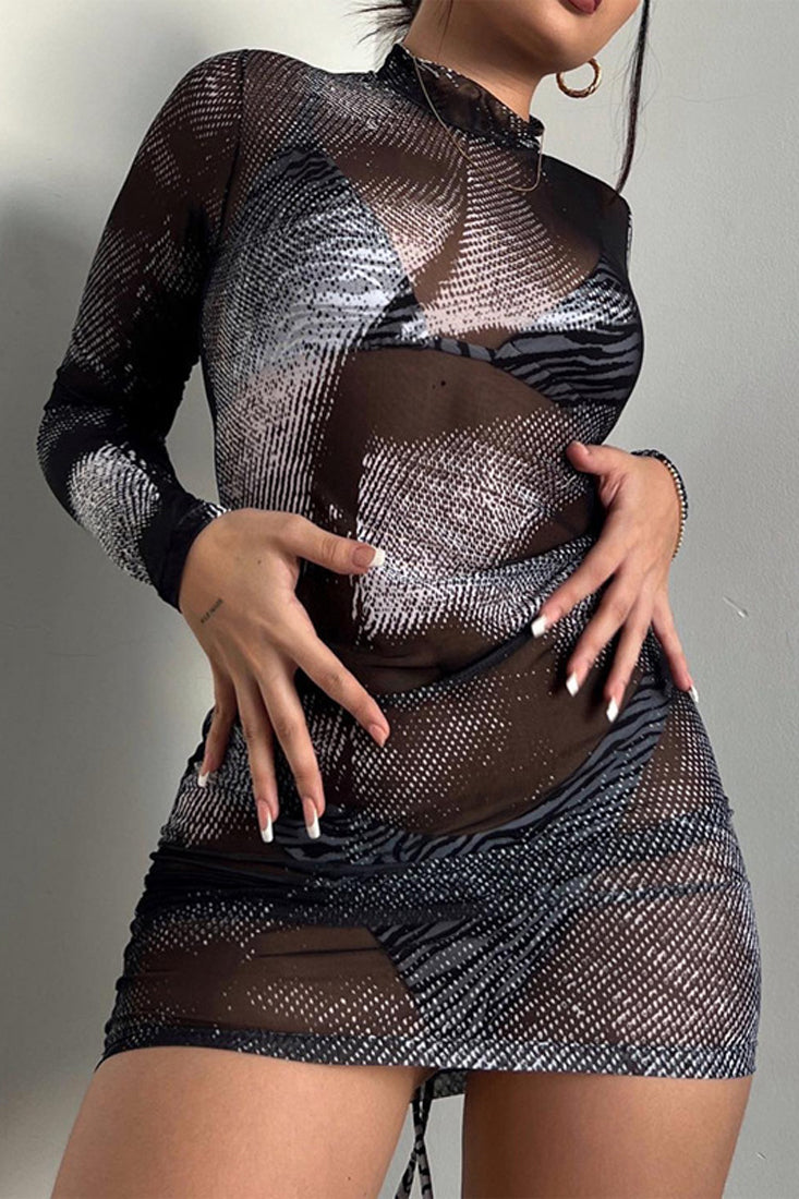 Black Printed Sheer Mesh High Neck Long Sleeves Sexy Dress