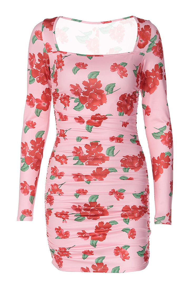 Pink Red Floral Print Long Sleeve Ruched Sexy Fitted Mini Party Dress