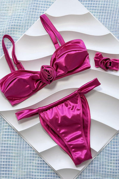 Fuchsia Pink Satin Stretchy Ruched Cheeky Rosette 3Pc Swimsuit Set Bikini