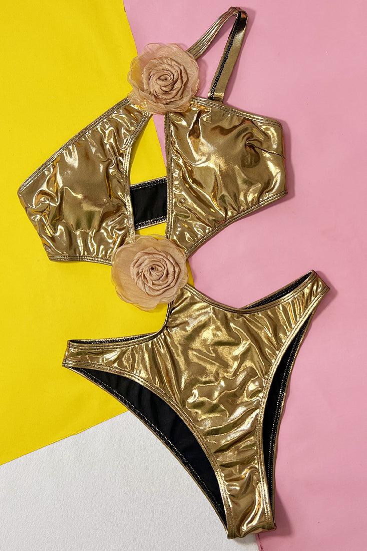 Gold Metallic One Shoulder Rosette Cut-Out Sexy 1Pc Swimsuit Monokini - AMIClubwear
