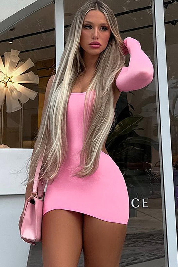 Pink One Sleeve Cut-Out Sexy Fitted Party Dress