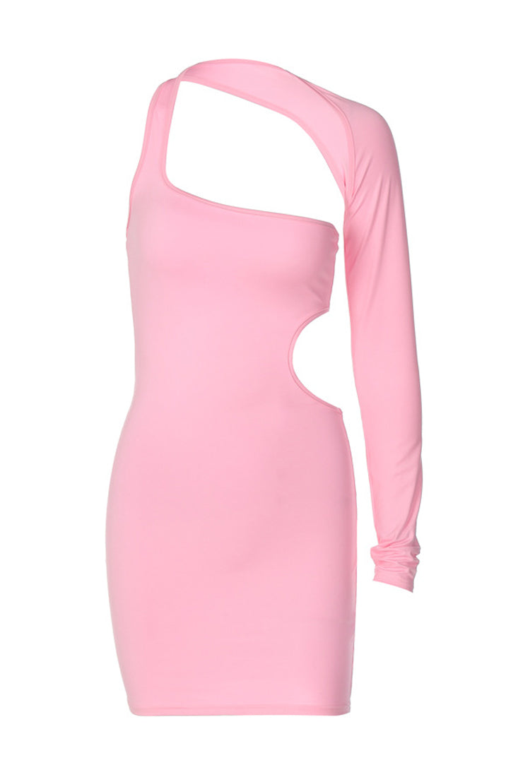 Pink One Sleeve Cut-Out Sexy Fitted Party Dress