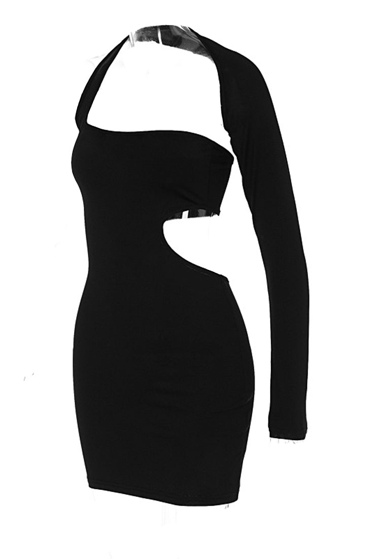 Black One Sleeve Cut-Out Sexy Fitted Party Dress