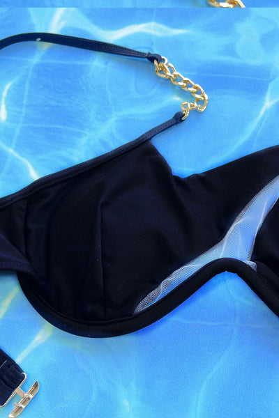 Black One Shoulder Mesh Gold Chain Cut-Out 2Pc Sexy Swimsuit Bikini - AMIClubwear