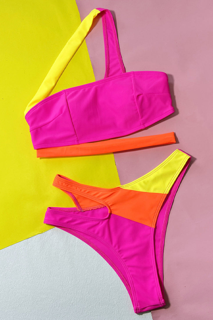 Pink Yellow Orange Cut-Out One Shoulder High Waist Sexy 2PC Swimsuit Set