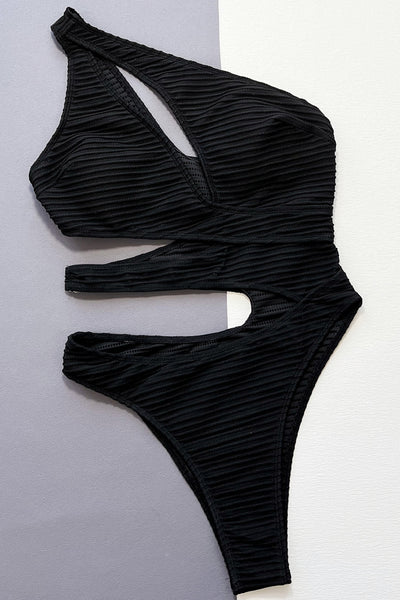 Black Textured One Shoulder Cut-Out Buckle Sexy Cheeky Swimsuit Monokini