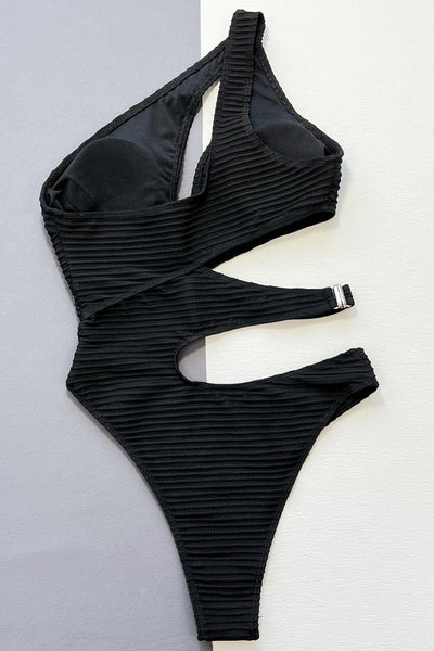 Black Textured One Shoulder Cut-Out Buckle Sexy Cheeky Swimsuit Monokini