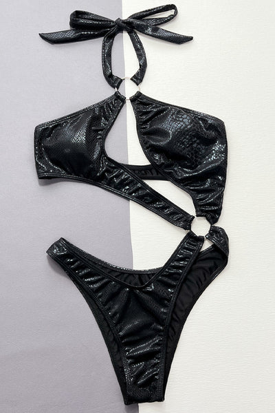Black Shiny Snake Print Asymmetric Cut-Out O-ring Sexy 1Pc Swimsuit Monokini