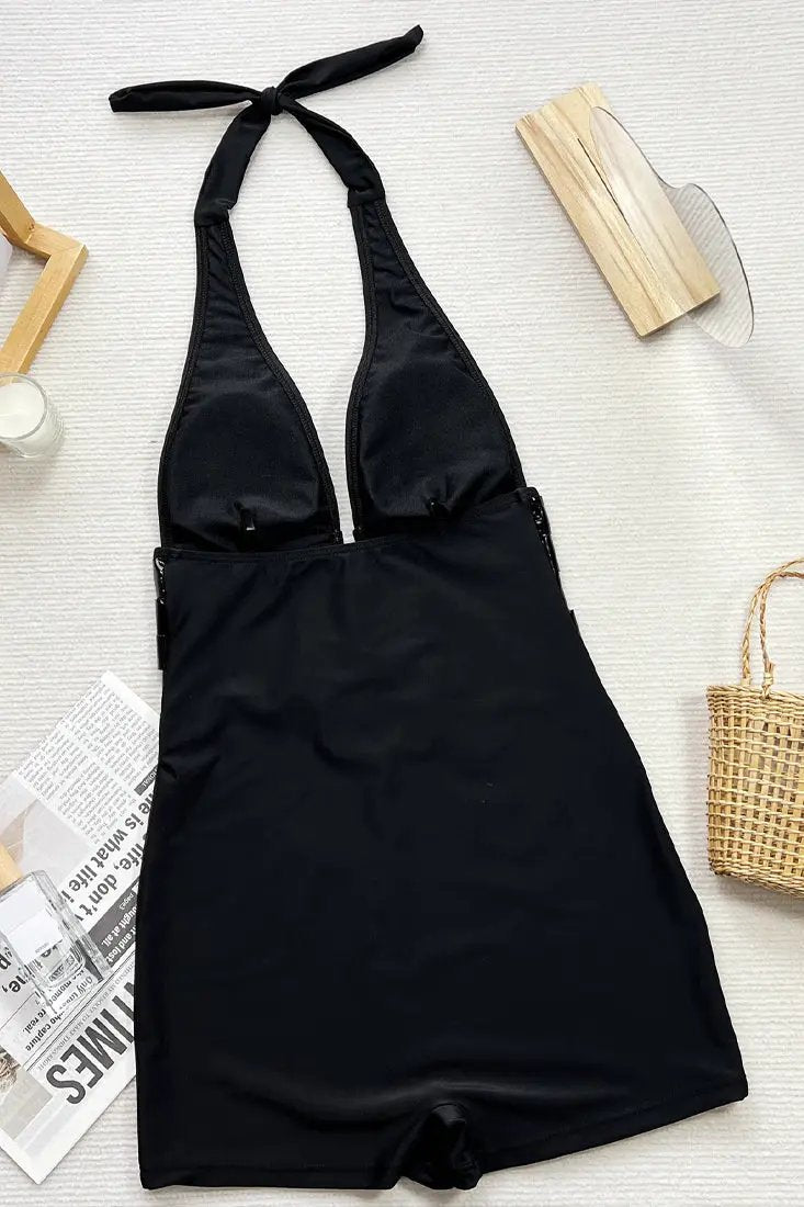 Black Halter Patent Trim Cut-Out Sexy Boyshorts 1Pc Swimsuit Monokini