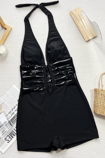 Black Halter Patent Trim Cut-Out Sexy Boyshorts 1Pc Swimsuit Monokini