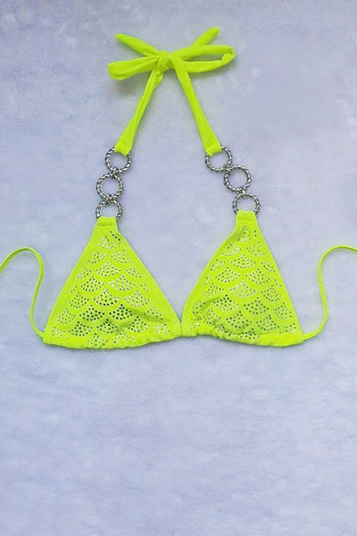 Neon Yellow Rhinestone Covered O-Ring Cheeky 2Pc Sexy Swimsuit Bikini