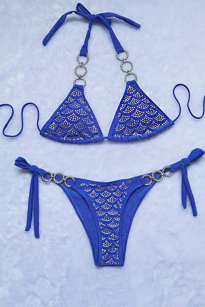 Royal Blue Rhinestone Covered O-Ring Cheeky 2Pc Sexy Swimsuit Bikini