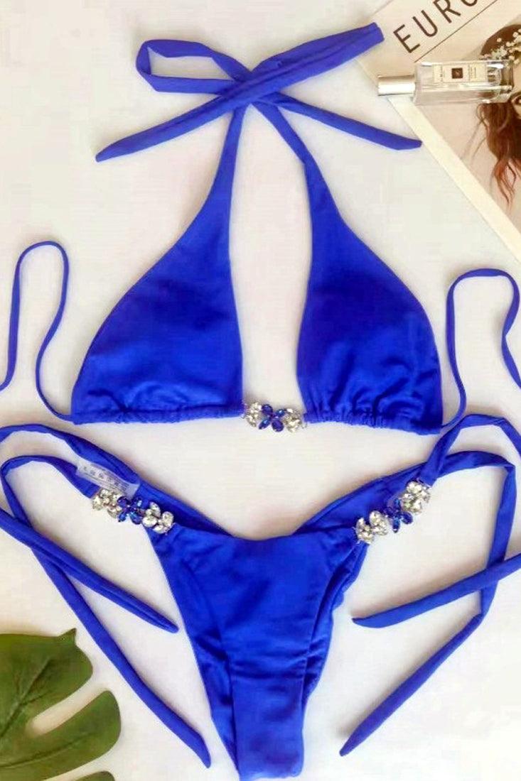 Royal Blue Rhinestone Gem Halter Cheeky Sexy 2Pc Bikini Swimsuit Set - AMIClubwear
