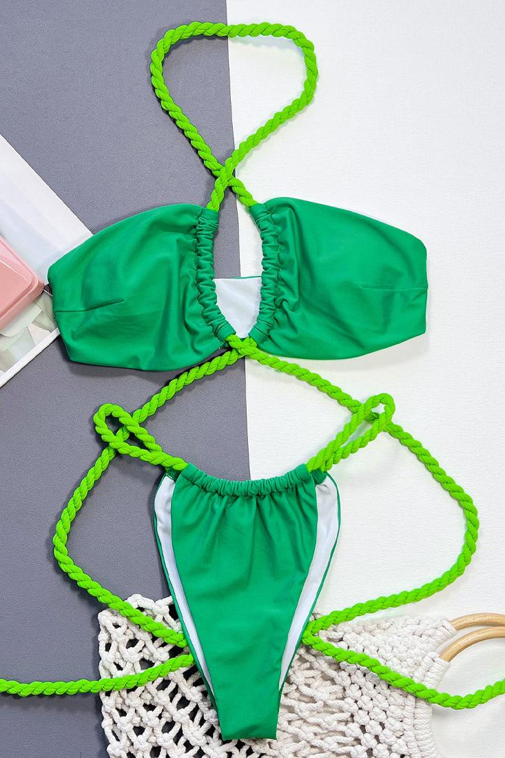 Green Rope Halter Cheeky Ruched 2Pc Sexy Swimsuit Set Bikini - AMIClubwear