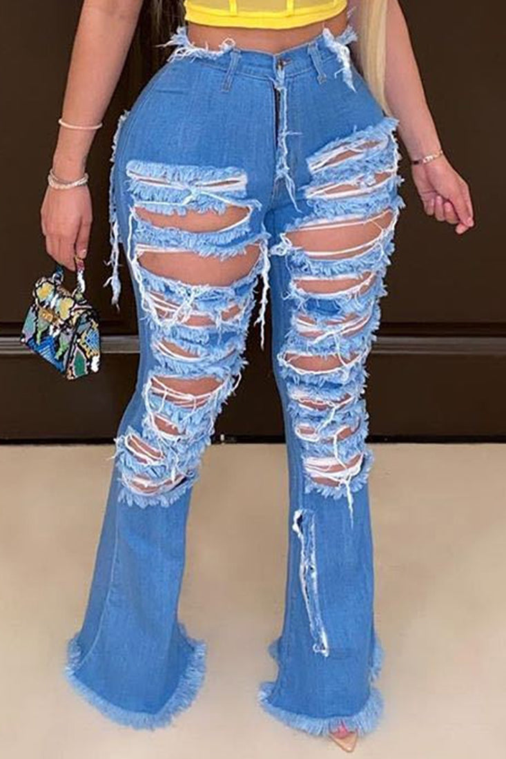 Dark Blue Denim Distressed All Over Torn Bell Bottom Jeans